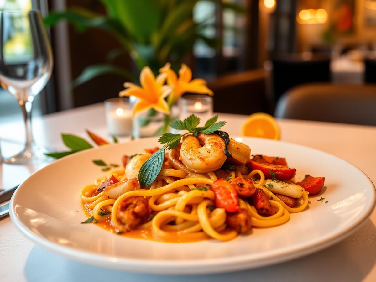 Prato de massa com frutos do mar servido no restaurante